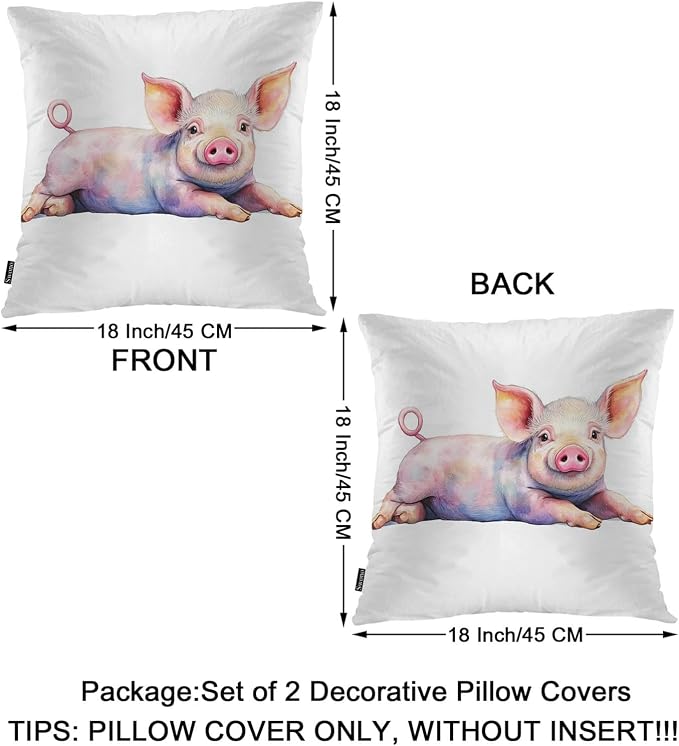Swono Pig Throw Pillow Case, Cute Piggy Square Home Decorative Cushion Cover for 18 X 18 Inches Pillow Covers, Farm Pig Pink 2 Pack Pillowcases for Bedroom Office Dorm Couch