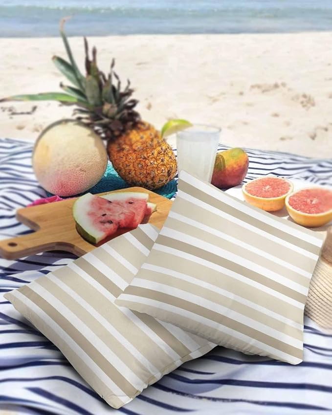Outdoor Waterproof Throw Pillow Covers Set of 2 Khaki Beige Stripes Decorative Outdoor Pillows Cushion Case 16x16 Inch Classic Striped Patio Pillows for Couch Sofa Bed Garden Office Home Decor