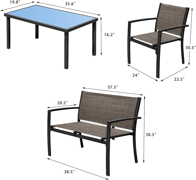 Devoko 4 Pieces Patio Furniture Set Outdoor Garden Patio Conversation Sets Poolside Lawn Chairs with Glass Coffee Table Porch Furniture (Brown)