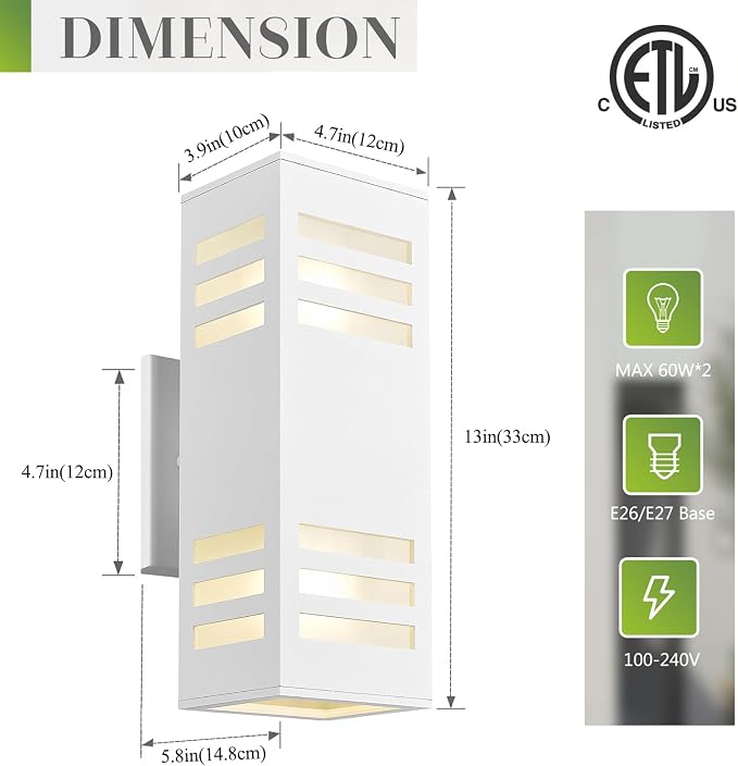 harriet Porch Lights Outdoor Modern - IP64 Waterproof Aluminum and Tempered Glass Cover, 13" Rectangular Up/Down Wall Sconce for Porch, Garage & Patio, Exterior Lighting, White
