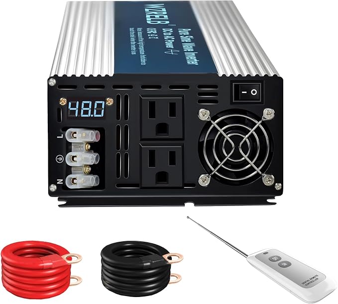 WZRELB 3000W Pure Sine Wave Inverter 48V DC to 110V 120V AC with LED Display,Remote Controller,Off-Grid Power Converter 6000W Surge with Dual AC Outlets, Hardwire Terminal for Home, RV, Truck, Camping
