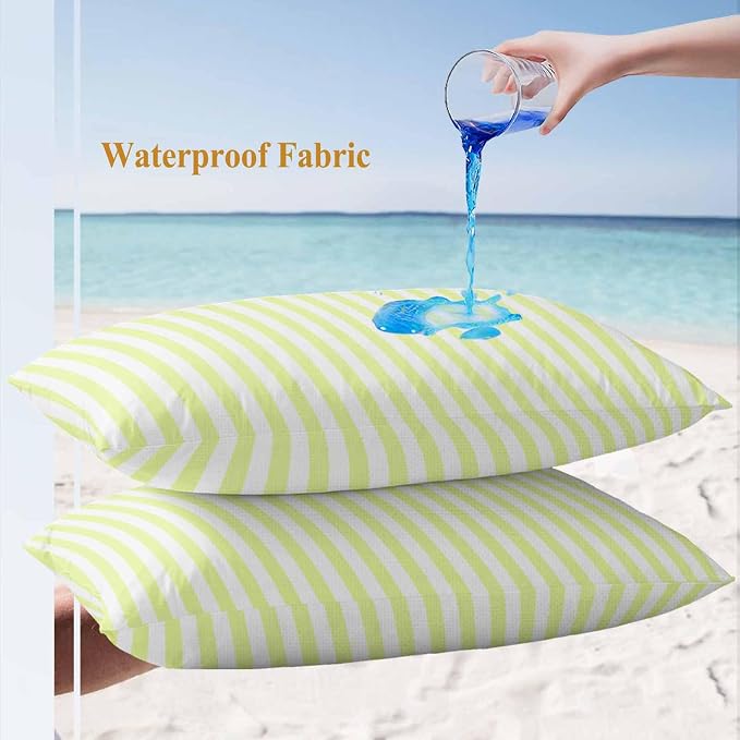 Lumbar Pillow Covers 20x12 Inch Set of 2, Yellow White Stripe Waterproof Outdoor Cushion Covers, Modern Minimalist Geometric Striped Decorative Pillowcases for Couch, Sofa, Bed, Garden, Patio