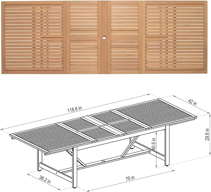Urban Elements Frida Rectangular Extendable Patio Furniture Set | 100% Certified Teak Finish | Backyard Furniture, Outside Table and Chairs, Rectangular Outdoor Dining Set (Sand, 9-Piece)