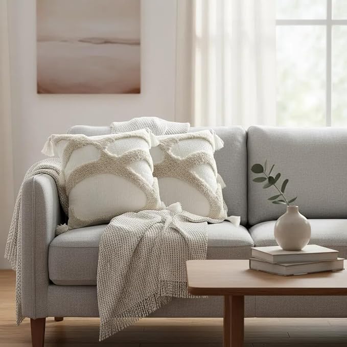 JMGBird Boho Throw Pillows for Couch Pillows with Inserts Included | 18x18 Decorative pillows, inserts & covers Cream Throw Pillows for Sofa, Bed Accent Pillows Indoor Home Decor (Khaki)