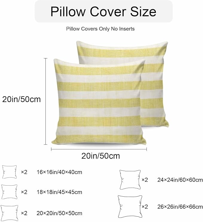 Chucoco Outdoor Waterproof Throw Pillow Cover, Farmhouse Yellow Linen Stripes Decorative Pillows Cushion Covers, Vintage 2 Pack Pillow Cases for Patio Garden Balcony Couch Sofa 16x16in
