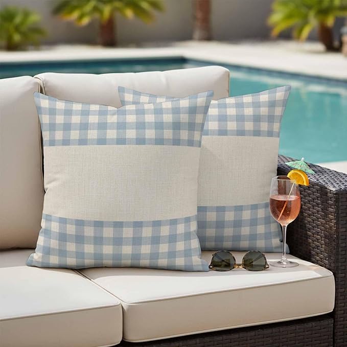 Retro Blue Outdoor Waterproof Pillow Covers, Farmhouse Buffalo Plaid Vintage Beige Decorative Square Throw Pillowcase Sofa Cushion Sham for Patio/Couch/Chair, 16"x16" 2 Pack