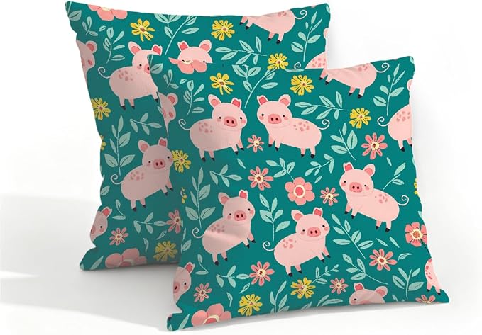 16x16 Inch Outdoor Pillow Covers Set of 2 Waterproof Throw Pillow Covers Decorative Couch Cushion Covers Pigs Green Leaves Square Pillowcases Protectors for Patio Garden Sofa