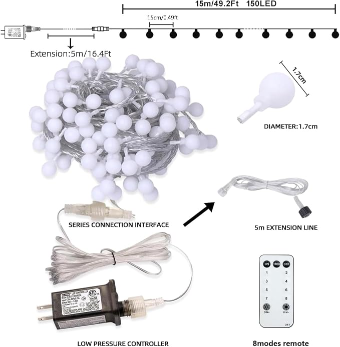 RaThun 65.6ft Globe String Lights with Remote for Indoor Bedroom Warm White | 150 LED Fairy Lights with Timer, 8 Modes, 16ft Extended Lead, Linkable for Bedroom,Dorm,Classroom,Christmas,Indoor Decor