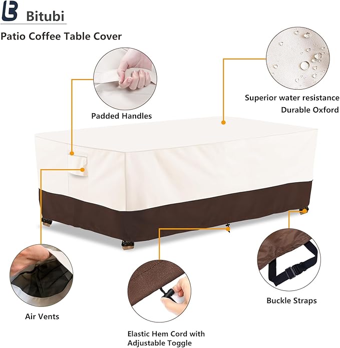Bitubi Waterproof Patio Coffee Table Cover, Rectangular Outdoor Small Side Table Cover - Fits up to 42L x 26W x 16H inches, Brown