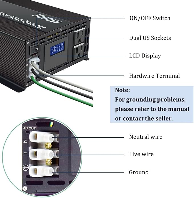 WZRELB Pure Sine Wave Inverter 3000W 12VDC to 120VAC Solar Power Peak 6000W Converter Truck RV Home LCD Display, Black (LN300012)