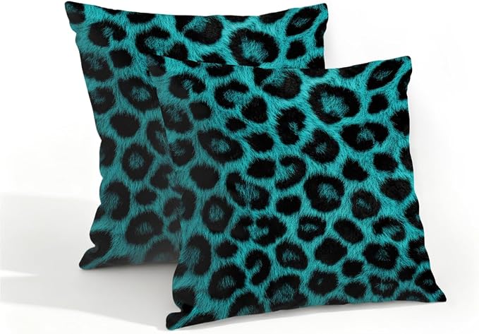 16x16 Inch Outdoor Pillow Covers Set of 2 Waterproof Throw Pillow Covers Decorative Couch Cushion Covers Leopard Skin Turquoise Square Pillowcases Protectors for Patio Garden Sofa