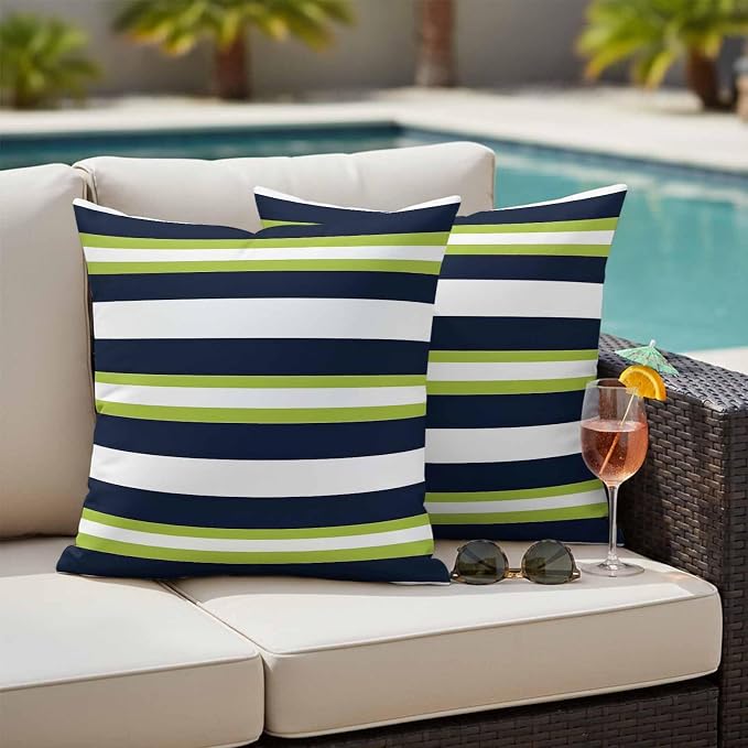 Green and Outdoor Waterproof Throw Pillow Covers Set of 2, 18"x18", Dark Blue Stripes Minimalist Abstract Striped Decorative Pillow Covers Outside Cushion Case for Patio Porch Garden
