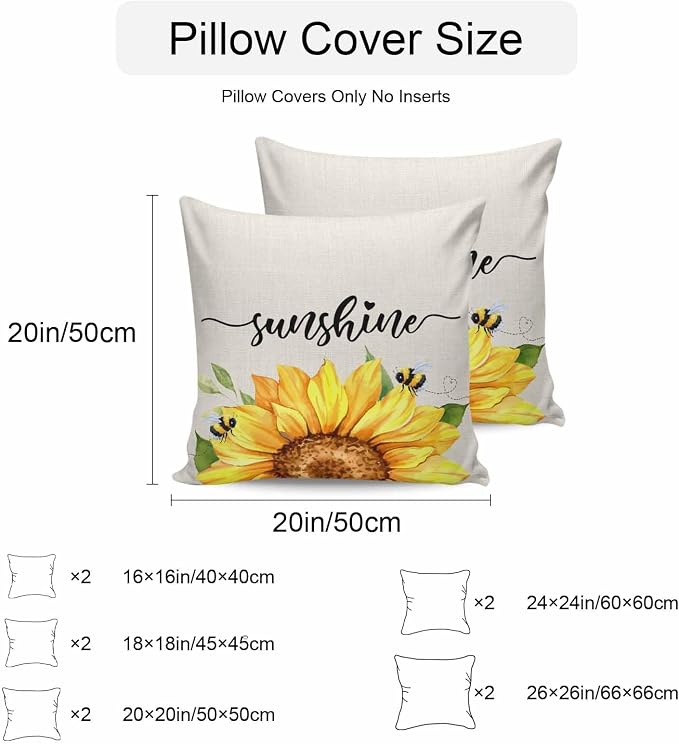Vintage Yellow Sunflower Bee Outdoor Throw Pillow Covers Set of 2,Decorative Waterproof Pillowcase, Rustic Botanical on Linen Cushion Case for Patio Garden Couch Sofa Tent Bed 16x16 Inches