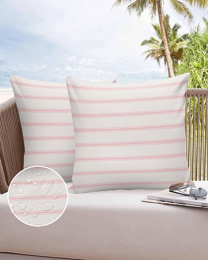 Vandarllin Outdoor Throw Pillows Covers 16x16 inch Set of 2 Waterproof Pink Stripes Decorative Zippered Cushion Covers for Patio Furniture, Abstract Lines Striped Lumbar Pillowcases