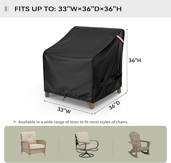 KylinLucky Extra Large Patio Chair Covers 2-Pack 33"x36"x36", Heavy Duty Waterproof Outdoor Armchair Protectors with Straps & Vents, All-Weather Black