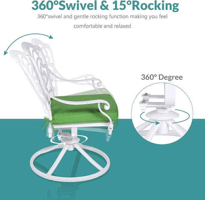 MEETWARM 3-Piece Outdoor Patio Dining Set, All-Weather Cast Aluminum Patio Conversation Set for Backyard Garden with 2 Cushions Swivel Rocker Chairs and 35.4" Round Table, 2.2" Umbrella Hole, White