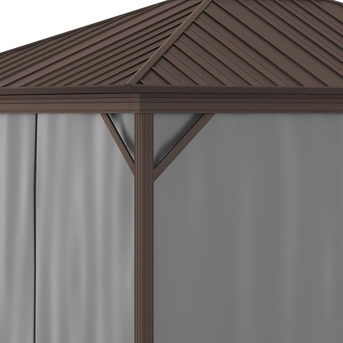 Outsunny 10' x 12' Hardtop Gazebo with Curtains and Netting, Permanent Pavilion Metal Single Roof Gazebo Canopy with Aluminum Frame and Hooks, for Garden, Patio, Backyard, Gray