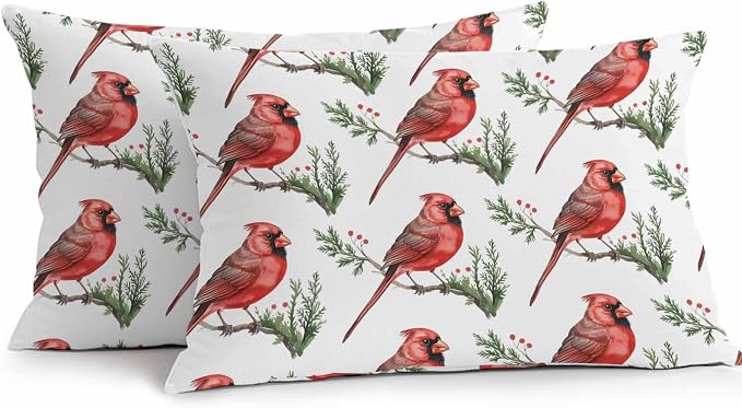 YOKOU Outdoor Waterproof Throw Pillow Covers, Christmas Red Bird on Pine Branches Berries Cardinal Pillowcases Cushion Covers Cases for Patio Couch Bench, Pack of 2 Rectangle, 20X12 Inch