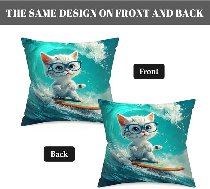 18x18 Inch Outdoor Pillow Covers Set of 2 Waterproof Throw Pillow Covers Decorative Couch Cushion Covers White Cat_ Surfing Square Pillowcases Protectors for Patio Garden Sofa