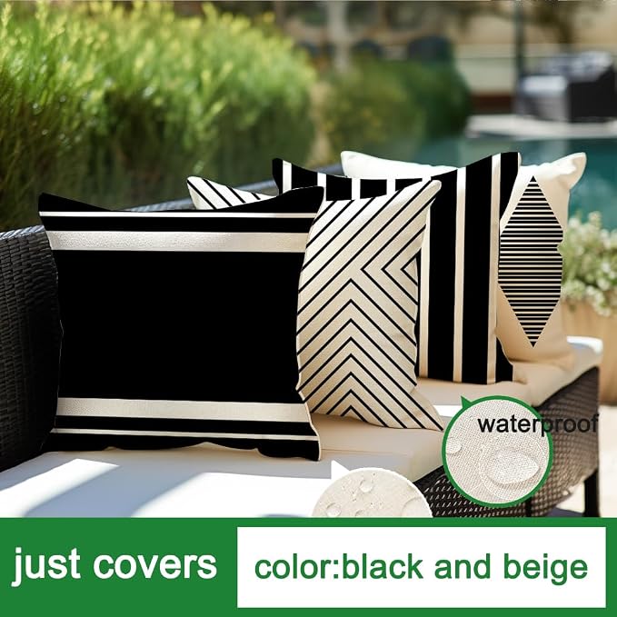 Outdoor Pillows Covers 16x16 Waterproof,Black and Beige Set of 4(No Insert) | for Covered Patio Furniture Couch Sunbrella,No Insert Just Covers,Durable Polyester,Fit 16x16 inch Inserts or Smaller,Boho