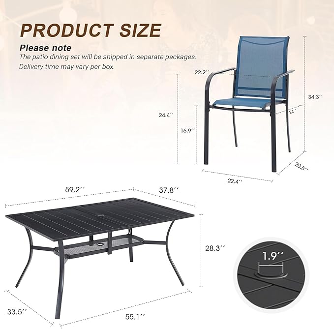 VICLLAX 7 Pieces Patio Outdoor Dining Set, 59" Metal Dining Table with Umbrella Hole and 6 Stackable Textilene Chairs for Patio, Lawn, Garden, Porch, Black/Dark Blue