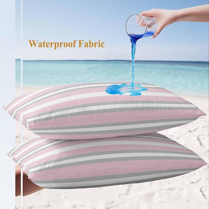Lumbar Pillow Covers 20x12 Inch Set of 2, Pink Grey Stripe Waterproof Outdoor Pillow Covers, Minimalist Farmhouse Striped Decorative Cushion Pillowcases for Couch, Sofa, Bed, Garden, Patio