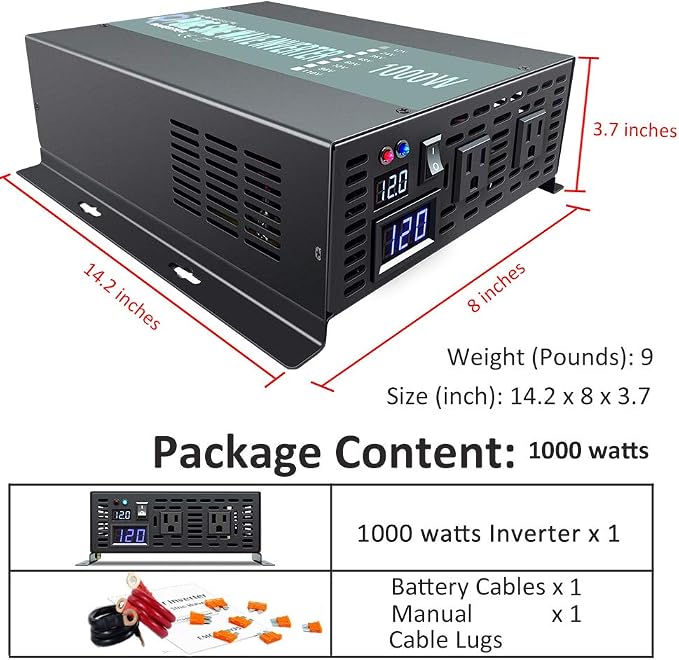 WZRELB Full Power 1000W Rated Power 2KW Surge Power 12V to 120V DC to AC Pure Sine Wave Inverter for Solar System and Off Grid Application Power Converter, (RBP100012B1)