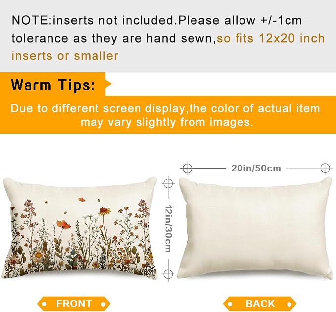 RABUSOFA Fall Outdoor Pillow Covers 12x20 Waterproof Floral Lumbar Decor | Autumn Harvest Thanksgiving,Not Insert,Machine Washable,Invisible Zipper,Fall Decorations for Home Sofa Patio Farmhouse