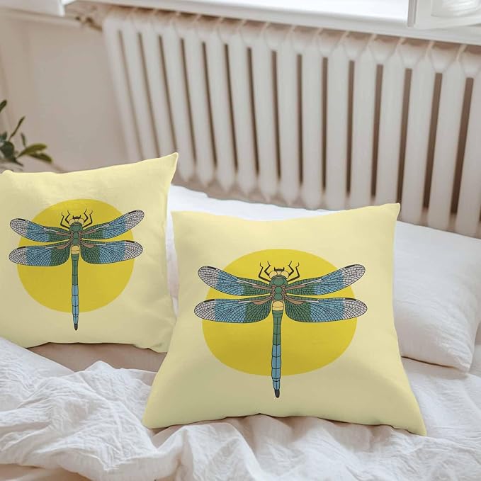 Throw Pillow Covers 24x24 Inch Set of 2, Blue Dragonfly Waterproof Outdoor Pillow Covers, Yellow Vintage Art Decorative Cushion Pillowcases for Couch, Sofa, Bed, Garden, Patio
