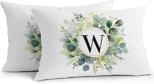 Letter W Waterproof Outdoor Pillow Covers Set of 2 Home Decor, Alphabet Green Eucalyptus Leaves Lumbar Pillowcase Patio Pillow Covers for Couch Bench Patio Furniture Garden 20x12in