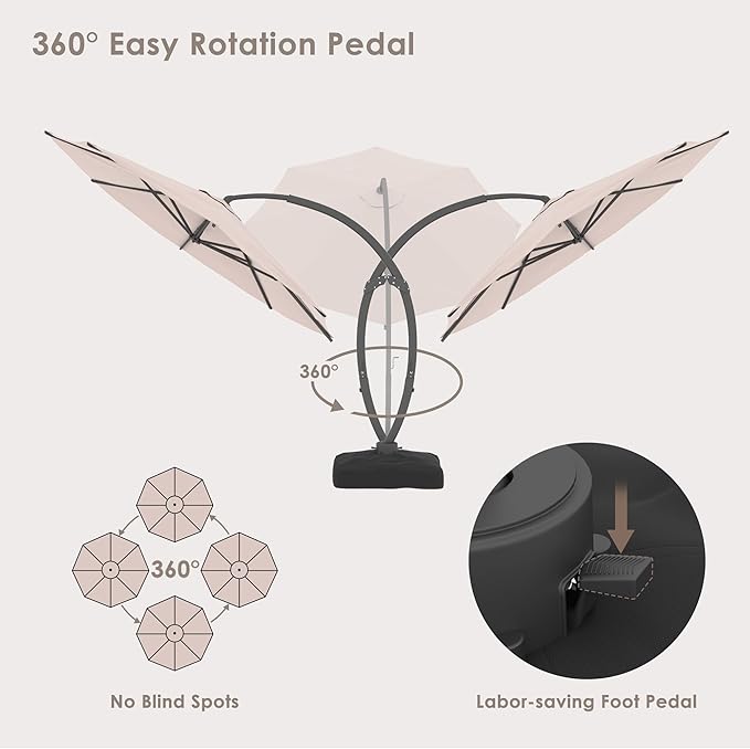 ENSTVER 12FT Solar Powered LED Light Cantilever Patio Umbrella With Base Included, Round Large Aluminum Outdoor Cantilever, Heavy Duty Offset Umbrella with 360°Rotation for Pool, Deck, Backyard