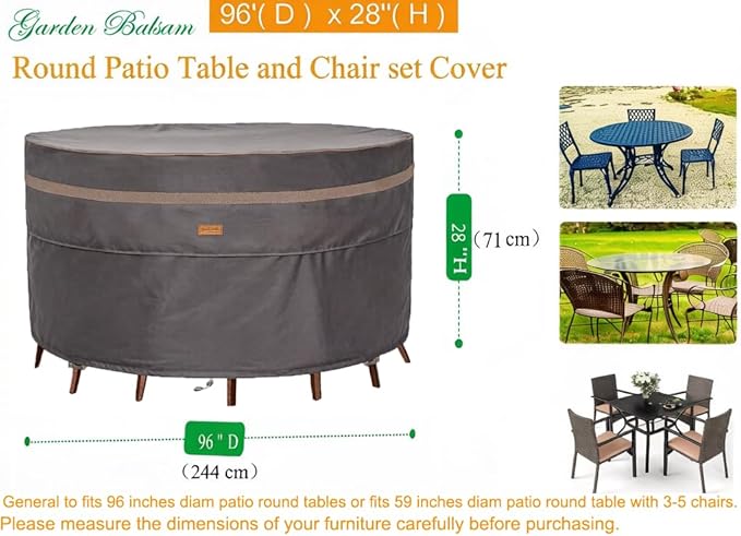 Heavy Duty Waterproof Patio Furniture Covers UV Resistant Round Outdoor Table Chair Covers Large Round 96"Diax28"H Dark Grey