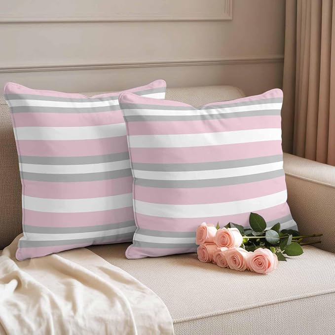 Throw Pillow Covers 20x20 Inch Set of 2, Pink Grey Stripe Waterproof Outdoor Pillow Covers, Minimalist Farmhouse Striped Decorative Cushion Pillowcases for Couch, Sofa, Bed, Garden, Patio