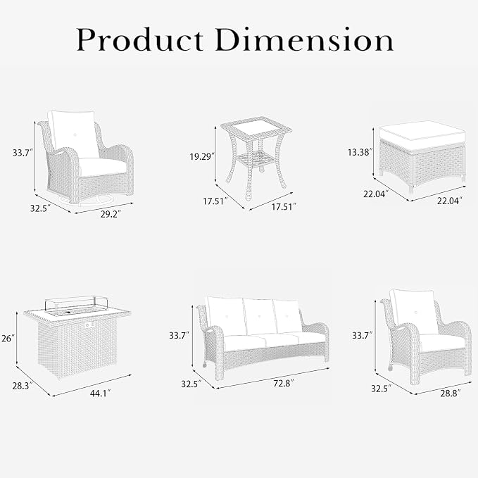 LayinSun 10 Pieces Outdoor Patio Furniture Set with Fire Pit Table, Rattan Wicker Sectional Swivel Rocker Chairs Sets with Ottomans, Swivel Glider Chair, Single Chairs and Coffee Table