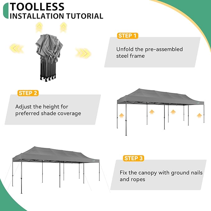 COBIZI 10x30 Pop up Canopy Tent Heavy Duty Without Sidewalls, Easy Set-up Commercial Outdoor Party Tents, 100% Waterproof Wedding Tent Gazebo, 3 Height Adjustable with Wheeled Bag, Gray