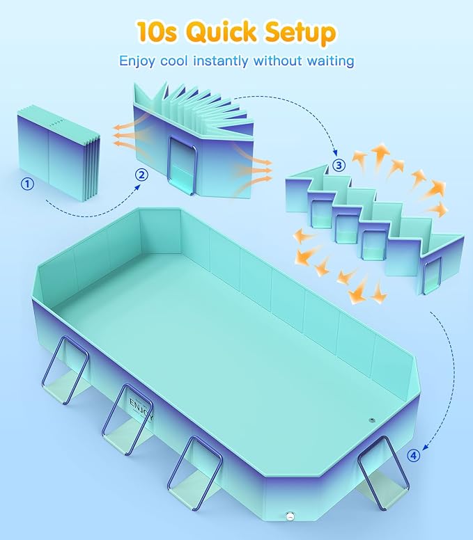 MoKo Foldable Pool for Adults & Kids, Framed Non-Inflatable Swimming Pools for Toddler, Collapsible Pool for Family Outdoor, Backyard, Garden, Camping,114" x 70" x 19", Glacial Blue