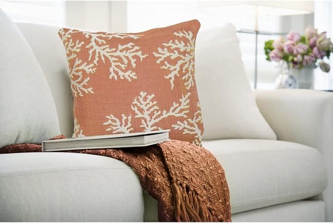 Liora Manne MARINA Indoor/Outdoor Power Loomed Easy Care Pillow - Transitional Border Coastal Beach Accent (Coral Edge Sunset) (18" x 18")