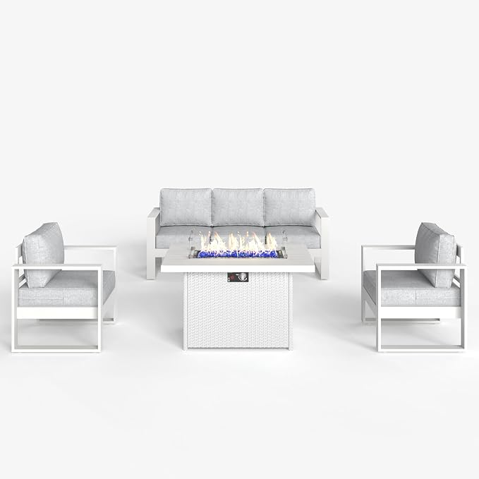 LayinSun 4 Pieces Aluminum Outdoor Patio Furniture Set, Metal Modern Conversation Sofa Set with Fire Pit Table and Washable Thick Cushions for Porch, Backyard, Deck