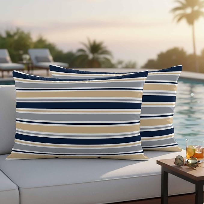 Khaki Grey Striped Outdoor Pillow Cover 12x20 Inch Cushion Sham Case, Navy Blue Farmhouse Stripes Abstract Art Waterproof Decorative Square Throw Pillowcase for Outside Garden Patio Porch Couch Chair