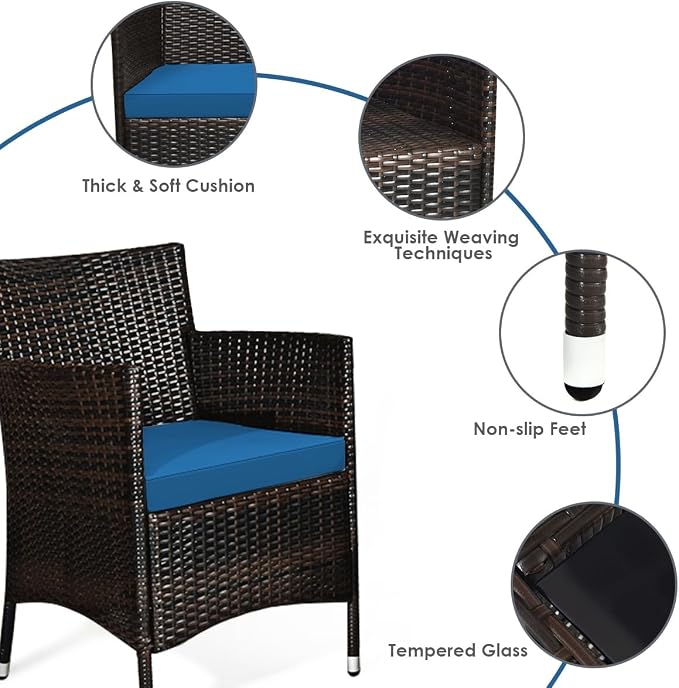 4 Pieces Patio Sofa Set, Wicker Conversation Set with Ergonomic Curved Backrest, Rattan Furniture Set with Water-Resistant Cushion & Tempered Glass Table for Balcony, Porch (Peacock Blue)