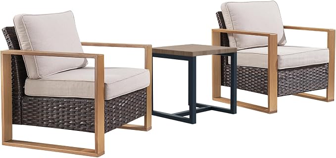 Rilyson 3 Piece Wicker Patio Furniture Set,Patio Bistro Set with 2 Rattan Armrest Chairs and 1 Side Table,Sturdy Frame,All-Weather PE Wicker,Wide Armrest,Deep Seating and Thick Cushions(Brown/Beige)