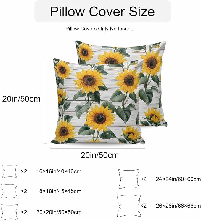 Country Sunflowers Waterproof Outdoor Pillow Covers Set of 2 Home Decor, Retro Pastoral Floral Wooden Plank Pillowcase Patio Pillow Covers for Couch Bench Furniture Garden 16x16in