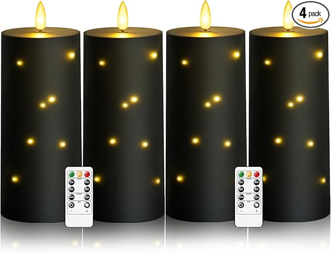 kakoya 10" x 4" Large Outdoor Waterproof Flickering Flameless Candles with Timer,4Pcs Battery Operated LED Pillar Candles with Embedded Star String for Outdoor Lanterns,Porch,Patio Decor(Black)