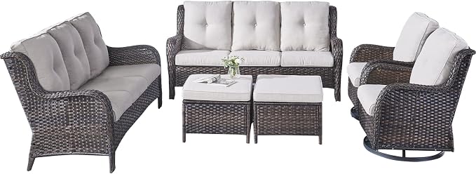 Rilyson Wicker Patio Furniture Set - 6 Piece Rattan Outdoor Sectional Conversation Sets with 2 Rocking Swivel Chairs,2 Ottomans and 2 Sofa for Porch Deck Garden(Brown/Beige)