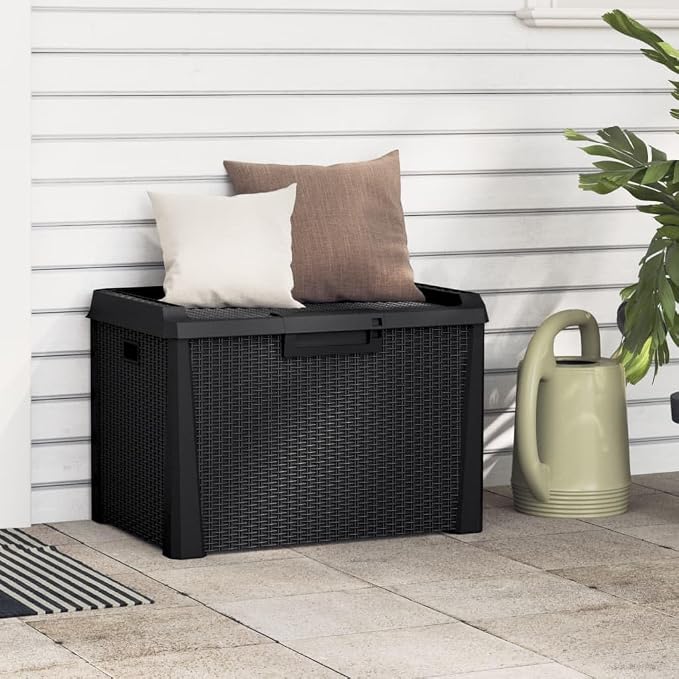 Anthracite Garden Storage Box 33 Gal Capacity Outdoor Organizer with Hydraulic Lid, Weather-Resistant Polypropylene Rectangular Design for Patio Balcony Deck
