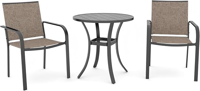 Anmutig 3-Piece Outdoor Dining Set, Small Metal Bistro Table with 2 Stackable Sling Chairs, 27.5 x 27.5 Inch Round Table, White Fabric