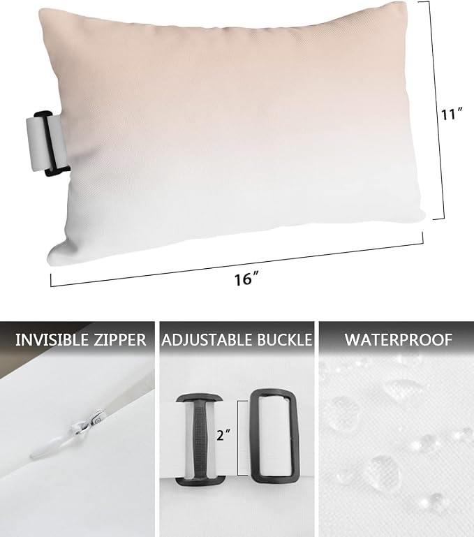 Outdoor Pillows Covers with Inserts Dreamy Peach Pink and White Gradient Waterproof Recliner Pillow with Adjustable Strap Throw Pillows for Patio Furniture Pool Lounge Chair, 11x16 inch, 1PCS