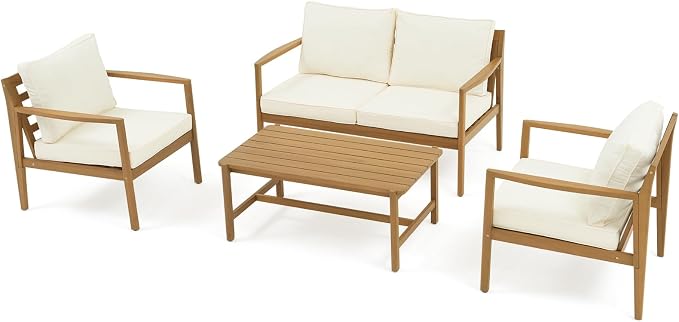 SUNSITT 4 Piece Acacia Wood Patio Furniture Set, Outdoor Conversation Sofa Set with Coffee Table & Cushions for Garden, Backyard, Cream White