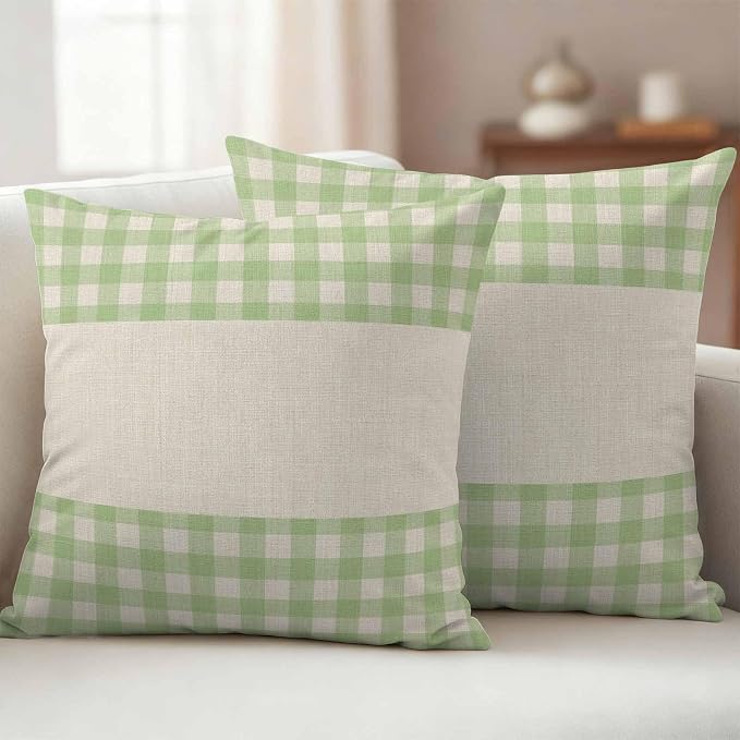 Retro Green Outdoor Waterproof Pillow Covers, Farmhouse Buffalo Plaid Vintage Beige Decorative Square Throw Pillowcase Sofa Cushion Sham for Patio/Couch/Chair, 16"x16" 2 Pack