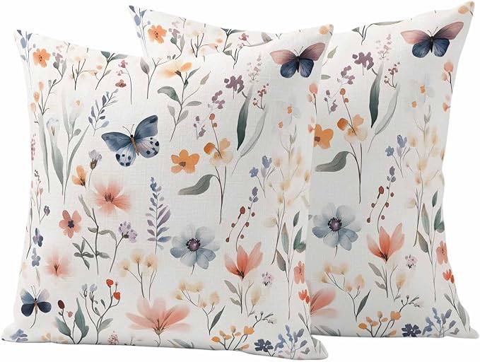Spring Flower Butterfly Outdoor Waterproof Throw Pillow Covers Set of 2, 24"x24", Retro Watercolor Floral Leaf Decorative Pillow Covers Outside Cushion Case for Patio Porch Garden
